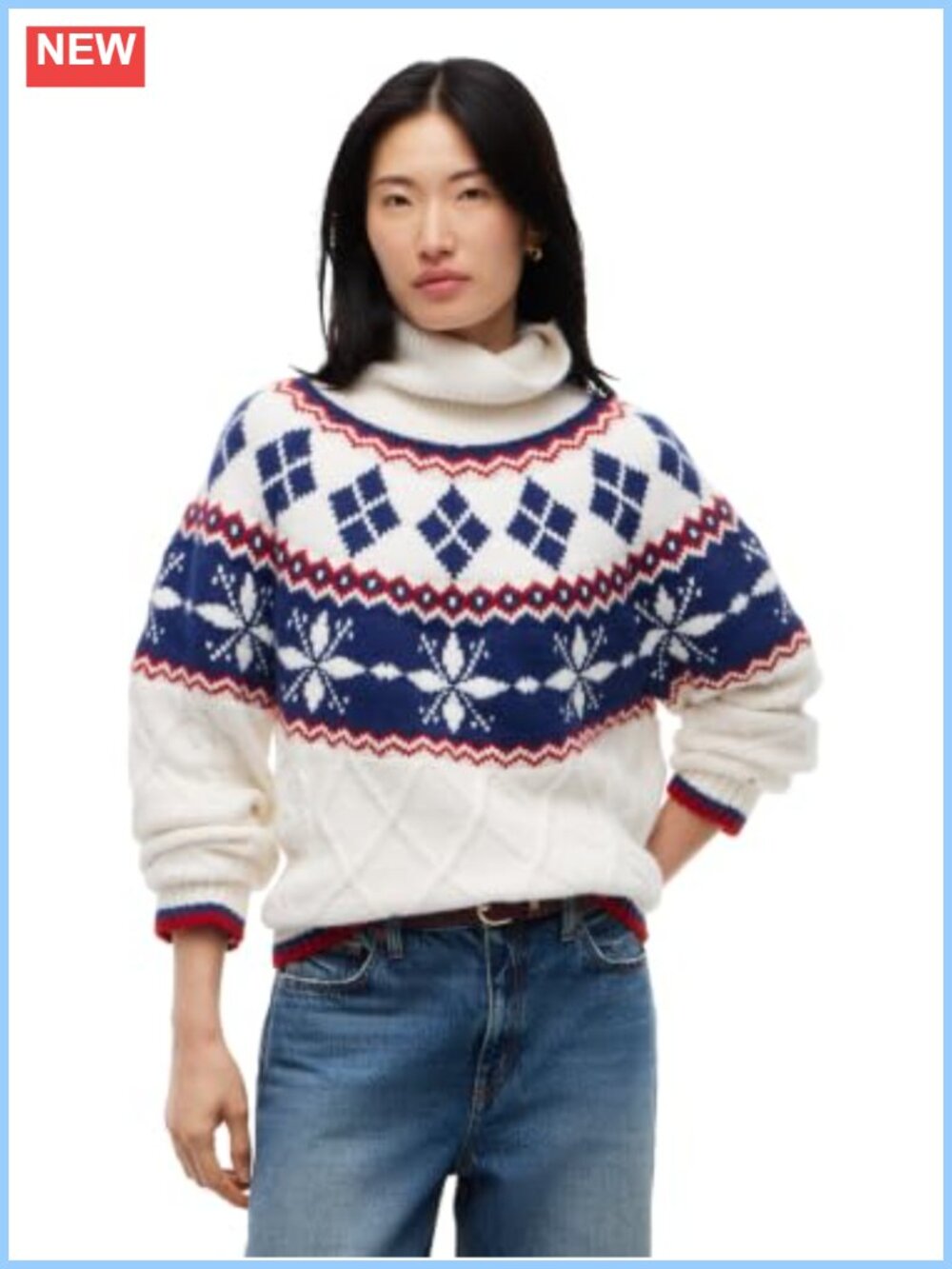Wool Mock Neck Fair Isle Pullover Sweater Long Sleeve
